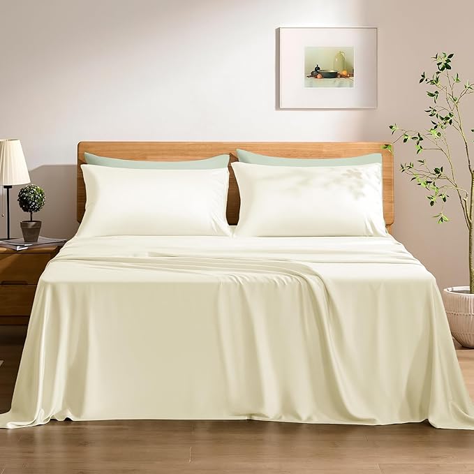 TOSMO Luxury Cooling Sheet Set - 100% Viscose from Bamboo, 4-Piece Bedding Set (Cal King Size) - 18” Extra Deep Pockets, Oeko-Tex Certified, Silky Soft and Breathable, Vanilla Yellow
