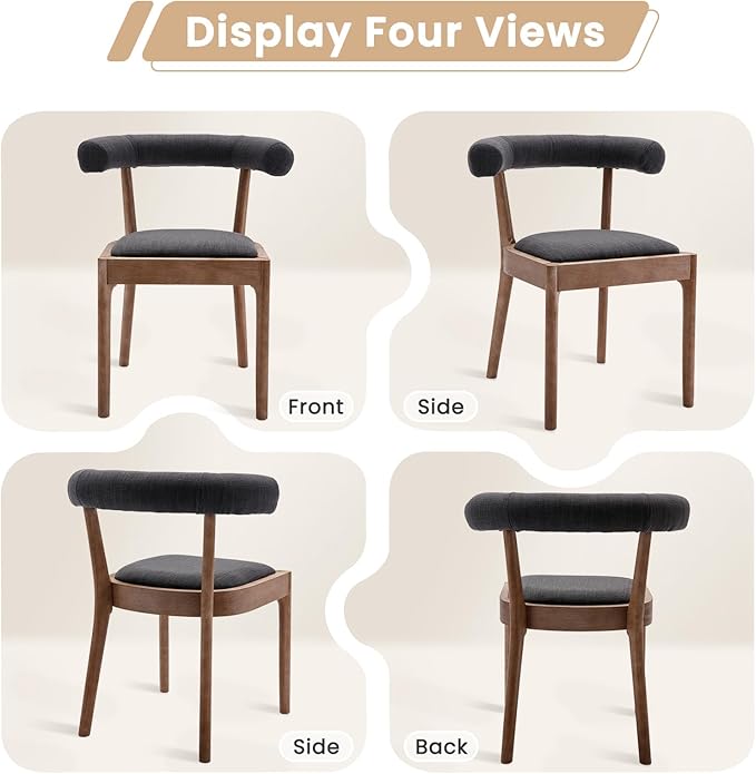 Kmax Dining Room Chairs Mid-Century Modern Fabric Kitchen Chairs with Natural Walnut Finished Frame, Linen Curved Back, Set of 6, Charcoal Black