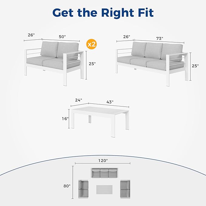 Wisteria Lane Aluminum Outdoor Patio Furniture Set, Modern Patio Conversation Sets, Outdoor Sectional Metal Sofa with 5 Inch Cushion and Coffee Table for Balcony, Garden, Light Grey