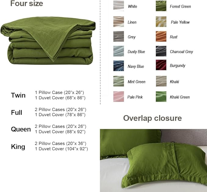 Simple&Opulence French Linen Duvet Cover Set 104"x 92"- 3 Pieces (1 Comforter Cover,2 Pillowcases)-Natural Flax Cotton Blend-Solid Color Breathable Farmhouse Bedding-Forest Green, King