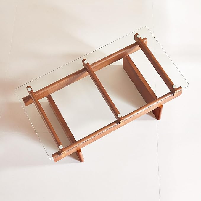 IWOOD Glass Coffee Table for Living Room,100% Solid Wood Coffee Table with Rectangular Tempered Glass Top,Mid Century Modern Coffee Table,Walnut