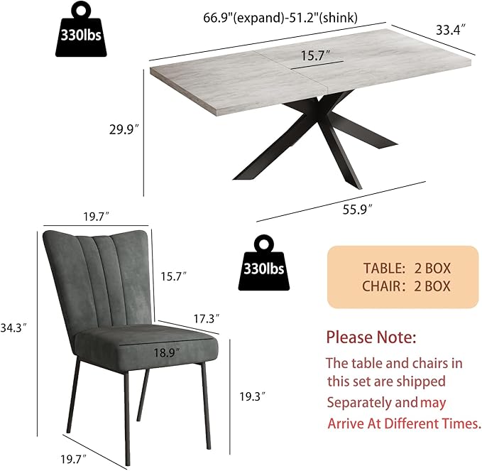 ZckyCine 6-Piece Extendable Dining Table Set, Modern 51''–67'' Grey Wood Table with 6 Black Fabric Chairs, Dining Room Table and Chairs for 6, Ideal for Kitchen or Dining Room