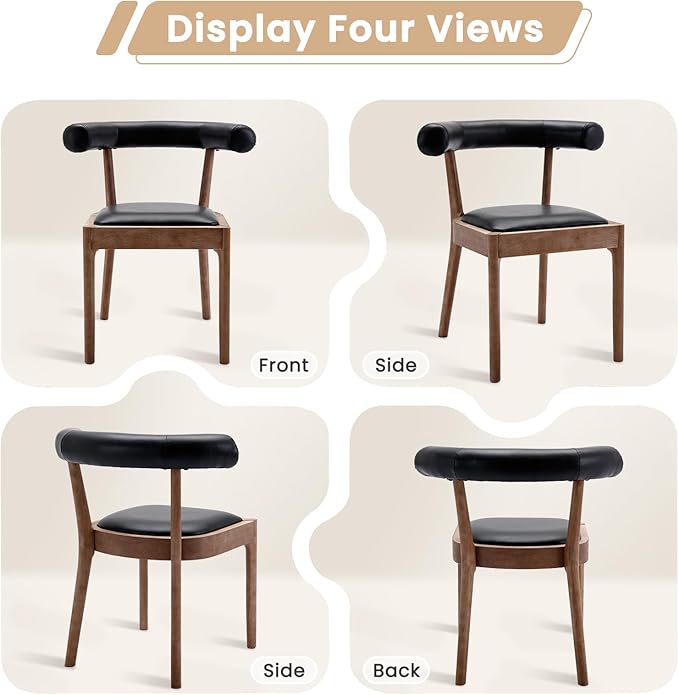 Kmax Dining Room Chairs Mid-Century Modern Leather Kitchen Chairs with Natural Walnut Finished Frame, PU Curved Back, Set of 4, PU Black