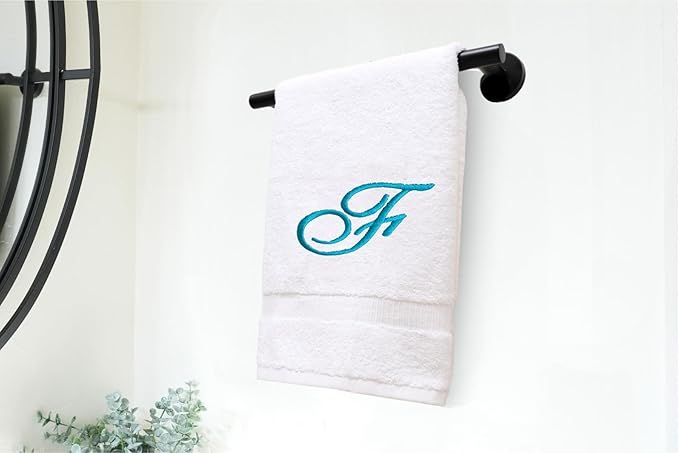 White Monogrammed Hand Towels for Bathroom - Luxury Hotel Quality Personalized Initial Embroidered Towel for Powder Room, Spa - GOTS Organic Certified - Pack of 2 Teal, Letter F