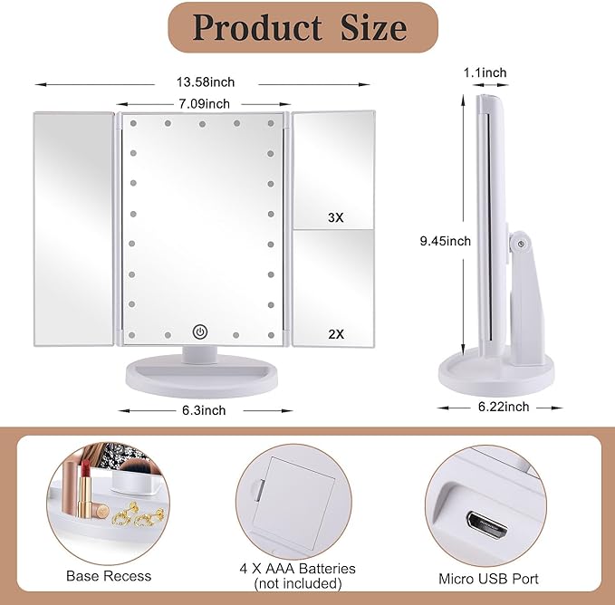 Trifold Makeup Mirror Vanity Mirror with Lights,1X 2X 3X Magnification,Touch Screen,180 Adjustable Rotation,Portable Travel Bathroom Cosmetic Mirror