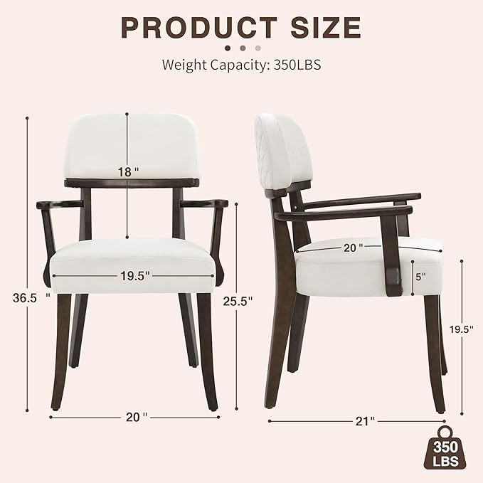 Modern Wood Dining Chairs with Arms Set of 2, Velvet Upholstered Kitchen Chairs with Open Curved Backrest & Black Hardwood Legs, Accent Chairs 350 LBS Capacity, White