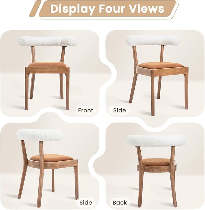 Kmax Dining Room Chairs Mid-Century Modern Leather Kitchen Chairs with Natural Walnut Finished Frame, Fur White Curved Back, 2-Pcs Set, PU Brown