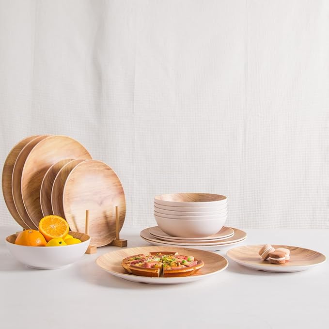 Melamine Dinnerware Set 18Pcs Wood-looking - Dish Dishware Wood Grain Woodland Plastic Outdoor Plates Bowls Durable Service for 6