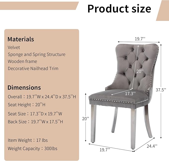 Luxury Upholstered Dining Chairs Set of 8, Grey Kitchen Chair with Silver Metal Legs, Velvet Tufted Back Dining Chair, Sillas de Comedor, Modern Kitchen & Dining Room Chairs (Gray, 8 Pcs)