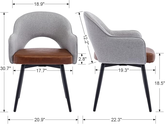 DUOMAY Modern Swivel Dining Chairs Set of 2, Linen & Faux Leather Upholstered Accent Side Chair, Home Office Desk Chair with No Wheels for Dining Room Living Room Office, Light Grey