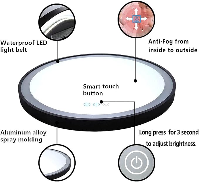 24 Inch Black Round Lighted Vanity Mirror with Lights Black Frame Round LED Mirror for Bathroom Wall Antifog 3Color Adjustable Brightness Frontlit 24" Black Framed Circle LED Light up Mirrors