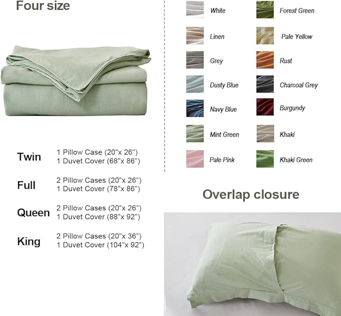 Simple&Opulence French Linen Duvet Cover Set 68" x 86"- 2 Pieces (1 Comforter Cover,1 Pillowcase)- Natural Flax Cotton Blend-Solid Color Breathable Farmhouse Bedding-Mint Green, Twin