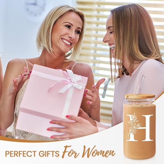 SANDJEST Monogrammed Gifts for Women - Monogram H Initial Glass Cup 16 Oz Can Coffee Cups with Lid and Straw - Monogram Initials Gifts for Womens on Birthday