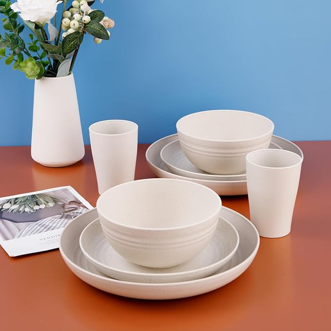 Supernal Wheat Straw Dinnerware Sets,Dish Sets for 8,Plates and Bowls Set Dishwasher Safe,Unbreakable Dinnerware,Reusable Tableware Set,Beige Color 16pcs Plates, 8pcs Bowls, 8pcs Cups.