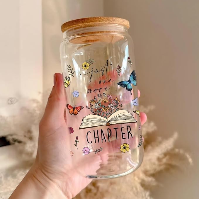 Book Lovers Gifts: 16 oz Glass Cups with Lid and Straw, Floral Butterfly Iced Coffee Can, Just One More Chapter
