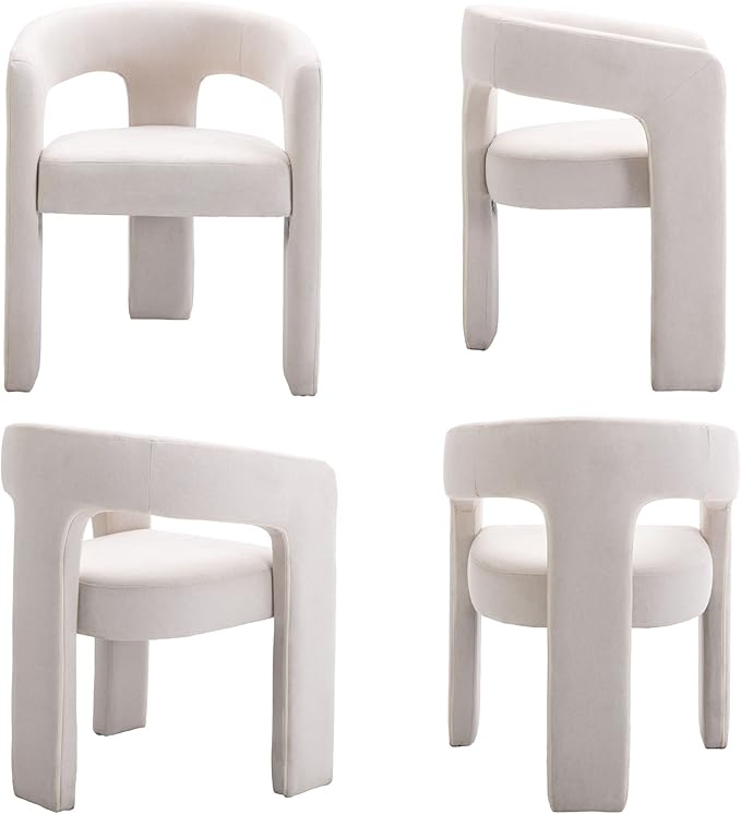 Set of 4 Modern Linen Fabric Upholstered Dining Chairs with Open-Back, Cute Barrel Side Chairs Kitchen Armchair Accent Chairs for Dining Room Bedroom, Ivory
