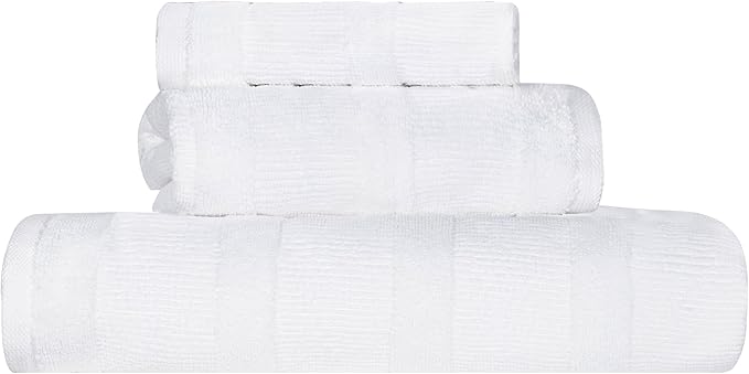 Superior Roma Cotton 3 Piece Assorted Towel Set, Highly Absorbent, Ribbed, Quick-Dry, Shower, Spa Basics, Home Essentials, Solid, Includes; 1 Bath Towel, 1 Hand Towel, 1 Face Towel, White