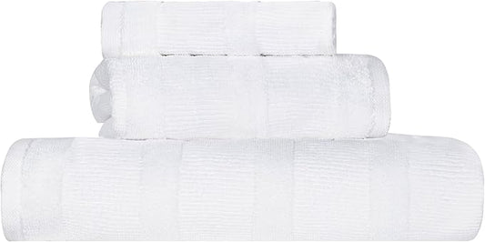 Superior Roma Cotton 3 Piece Assorted Towel Set, Highly Absorbent, Ribbed, Quick-Dry, Shower, Spa Basics, Home Essentials, Solid, Includes; 1 Bath Towel, 1 Hand Towel, 1 Face Towel, White