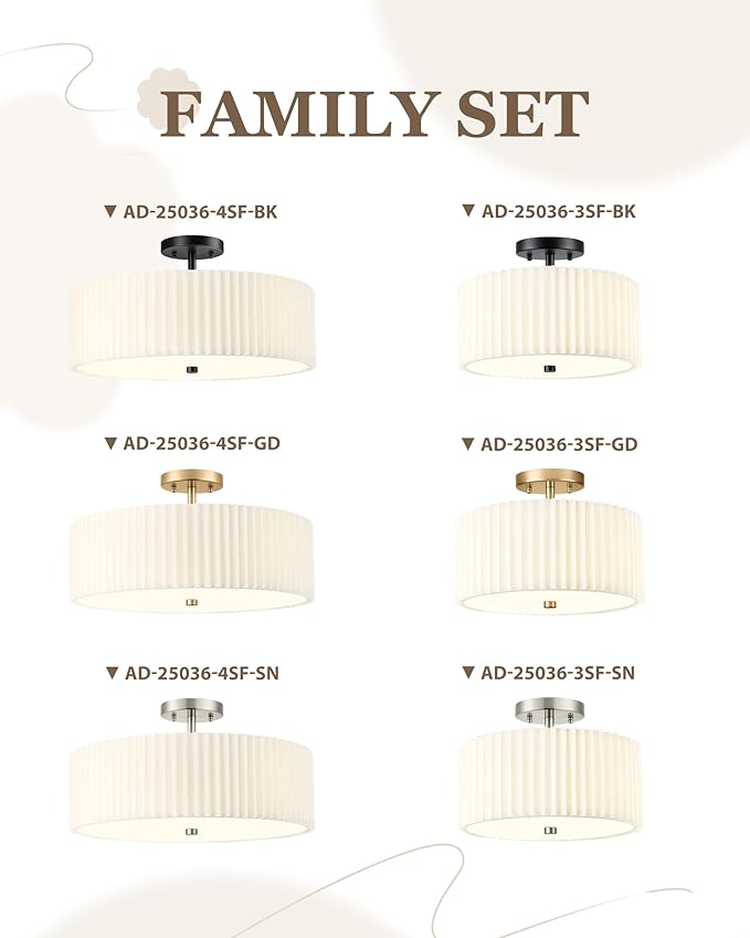Semi Flush Mount Ceiling Lights, 4-Light 18" Ceiling Light Fixture with White Pleated Fabric Shade, Brushed Nickel Drum Lamp for Nursery Hallway Bedroom Kitchen, AD-25036-4SF-SN