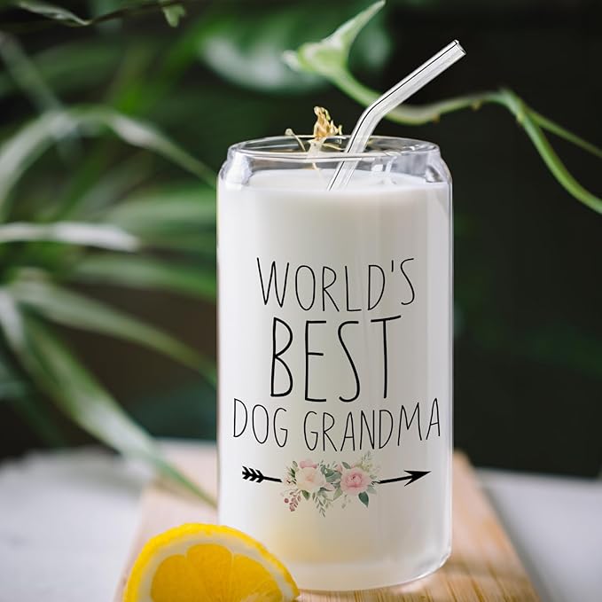 World's Best Dog Grandma Glass Cup with Lids and Straws 14oz, Grandma Gifts for Mother's Day Birthday, Grandmother Gifts Glass Coffee Tumbler Drinking Jars with Cleaning Brush