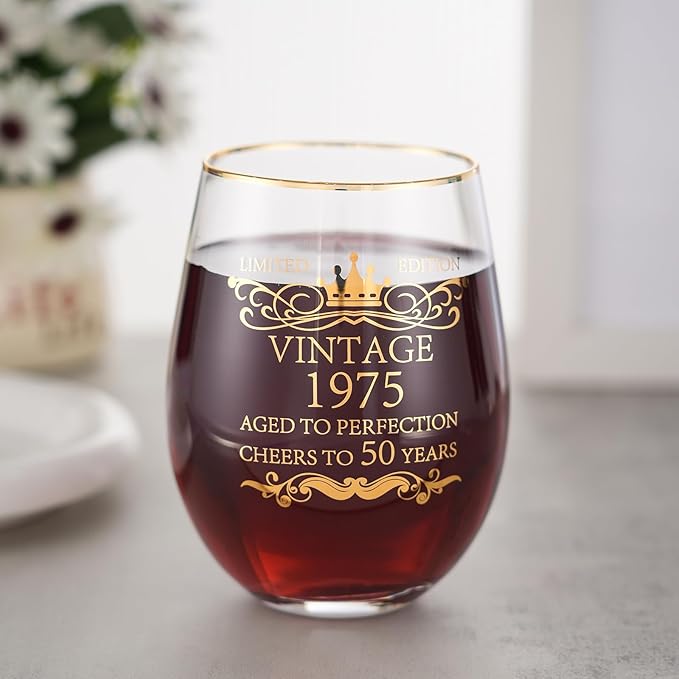1975 50th Birthday Gifts for Women Men 15oz Wine Tumbler Red Wine Glass Cup 50 Years Old Birthday Present 50th Anniversary Present