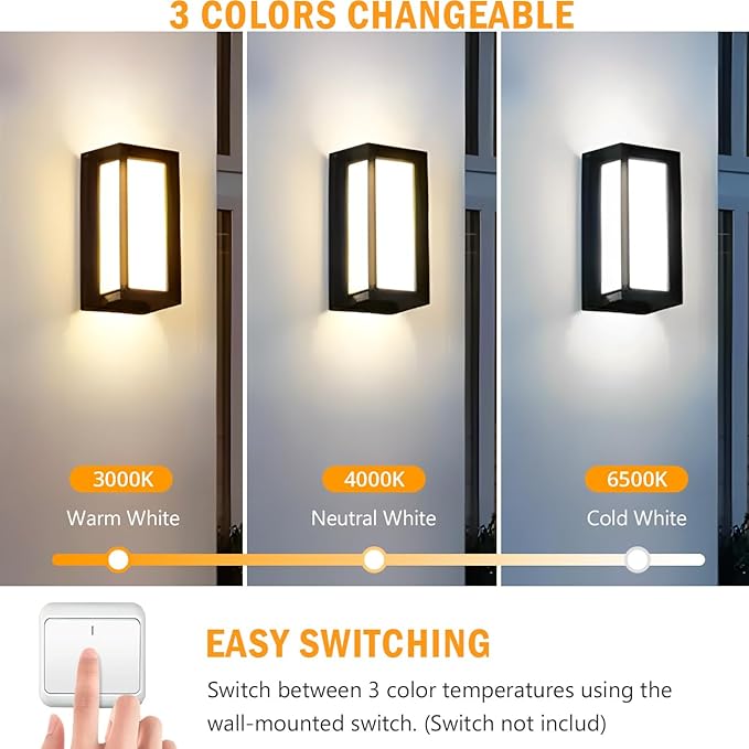 wowlite Modern Outdoor Wall Lights 2 Pack, LED Outdoor Wall Sconce 3 Colors Changeable, Matte Black Exterior Lighting Fixtures, IP65 Waterproof Outside Lights for House Porch Front Door