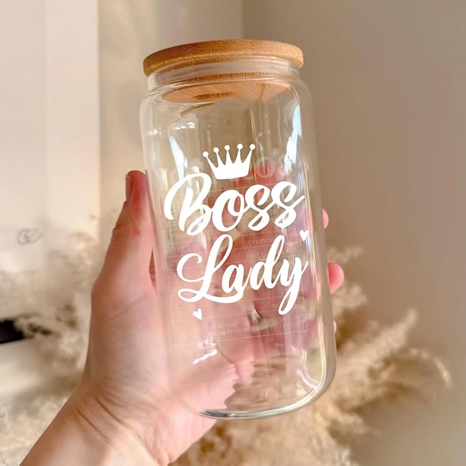 Boss Lady Gifts for Women, Gifts for Boss Female, 16oz Glass Coffee Cup, Boss lady Nutrition Cup,Thank You Appreciation Gift for Coworker Friend, Birthday Gift for Boss Lady Leader