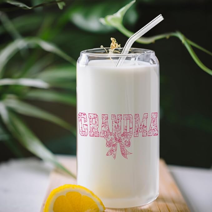 Pink Bow Grandma Glass Cup with Lids and Straws 14oz, Best Mother's Day Birthday Gifts for Grandma from Grandkids, Grandmother Gifts Glass Iced Coffee Tumbler Drinking Jars with Cleaning Brush
