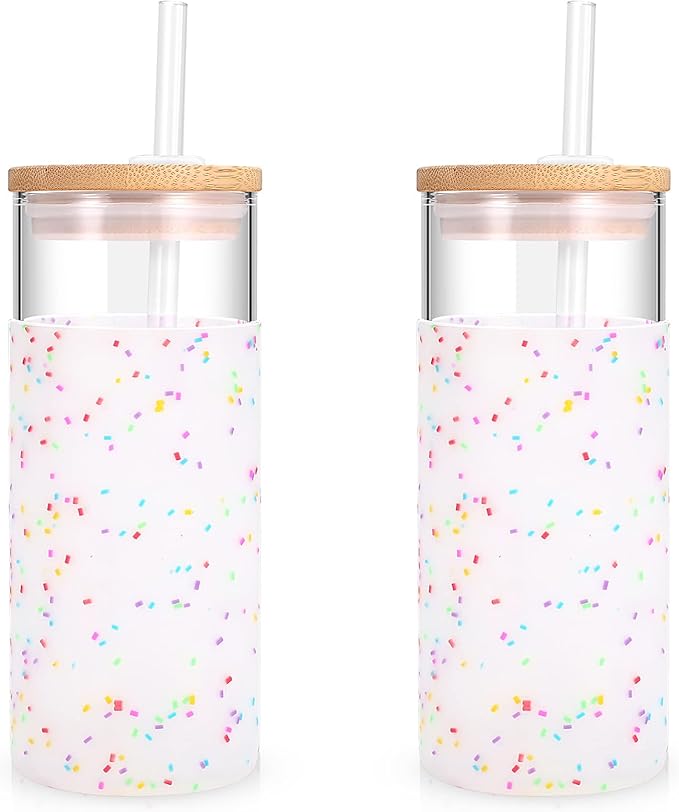 Tronco 20 oz Glass Tumbler with Lid and Straw, Iced Coffee Cup and Smoothie Cup with Bamboo Lids & Protective Silicone Sleeve, Dishwasher Safe, BPA-Free, Glass Cup 2 Pack