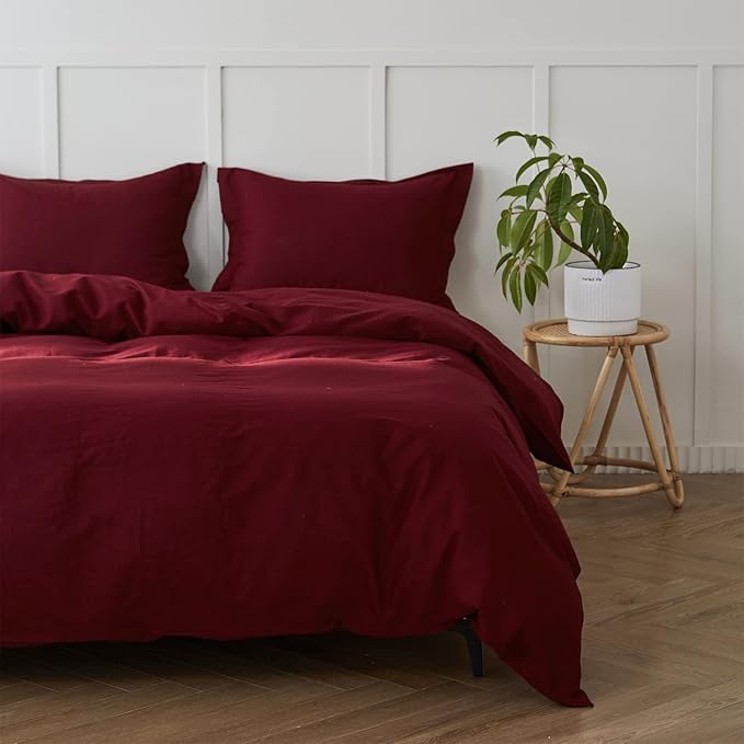 Simple&Opulence French Linen Duvet Cover Set 68" x 86"- 2 Pieces (1 Comforter Cover,1 Pillowcase)- Natural Flax Cotton Blend-Solid Color Breathable Farmhouse Bedding-Burgundy, Twin