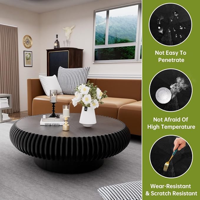 Black Round Coffee Table for Living Room Round Fluted Drum Coffee Table Modern Fluted Coffee Tables for Living Room (Black, 39.3 inch)