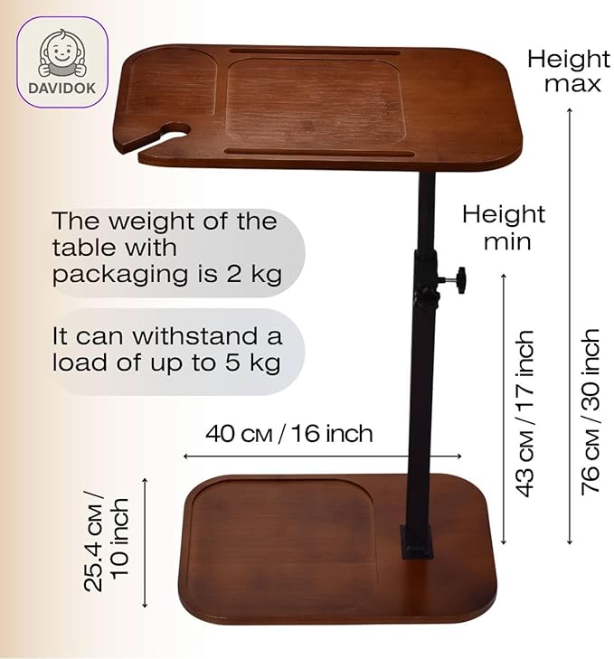 DAVIDOK C-Shaped Sofa End Table, Adjustable Height Couch Side Table with Device Slot, Brown Color with Black Metal Stand, Couch Table for Living Room, Bedroom