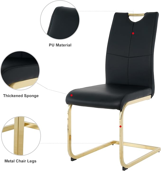 Goujxcy Gold Dining Table Set for 4, Glass Kitchen Table with Chair Set, Modern 51" Rectangle Glass Dining Table and 4 Black PU Leather Chairs with Metal Frame for Kitchen Dining Room