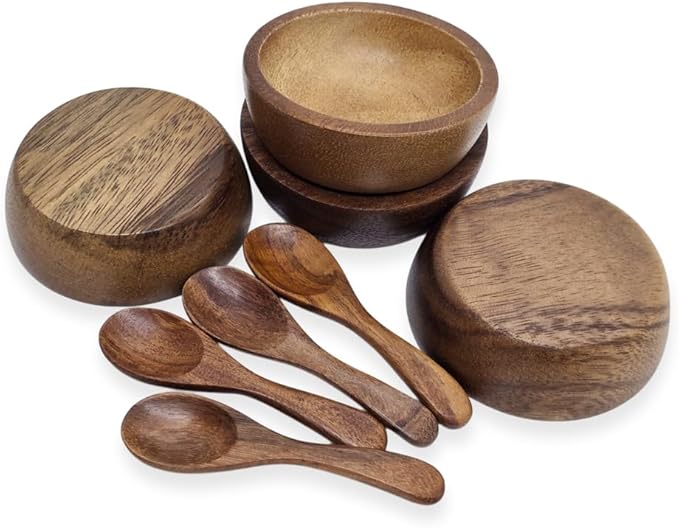 Set of 4 Small Round Acacia Wooden Bowls 2¾ Inch Diameter With Spoons - Stackable Mixing Bowl for Salad Soup Snack Salsa Dip Sauce Charcuterie Wood Tableware Sets for Decor and Serving