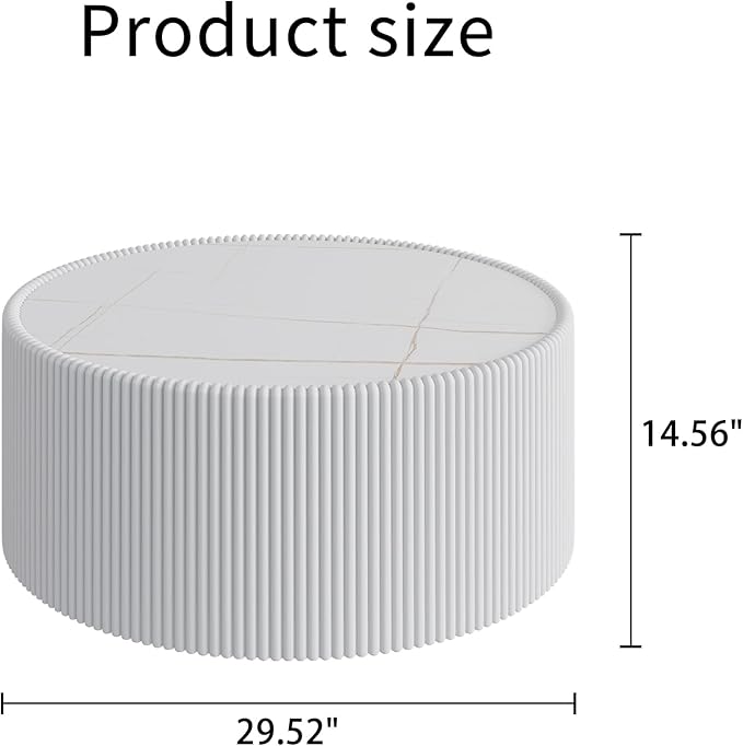 Round Coffee Table Set with Sintered Stone Tabletop, 29.52" White Drum Center Table and 17.71" White Coffee Table Set, 2 Pieces Living Room Table Set with Fluted PU Leather Cover& Stable Base