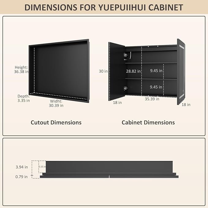 36X30 Inch Black Lighted Medicine Cabinet with Mirror, Recessed or Wall Mounted Bathroom Medicine Cabinet Mirror with Adjustable Frontlit & Brightness, LED Mirror Cabinet with Double Door