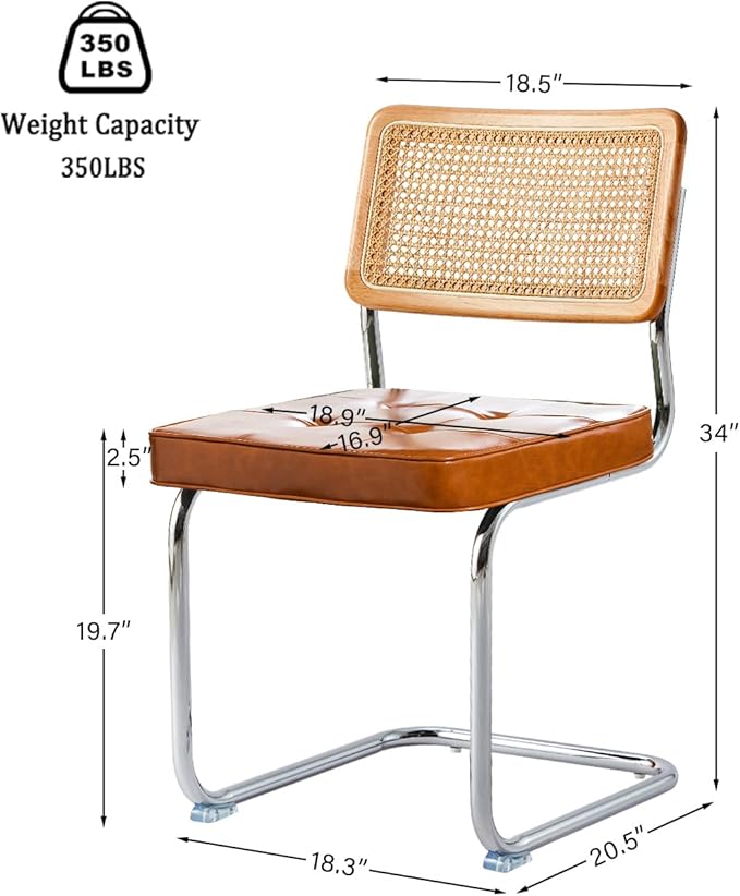 Brown Faux Leather Rattan Dining Chairs Set of 4, Wooden Mid Century Modern Dining Room Chairs, Mesh Back Cane Kitchen Chair, Cesca Design Chairs with Metal Chrome Legs