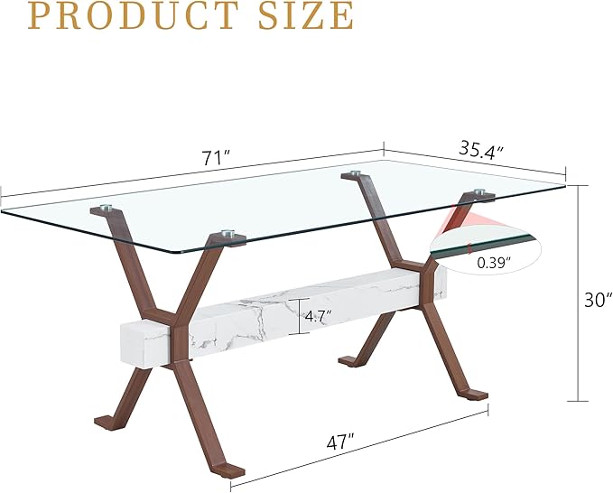 Glass Dining Table 71"｜Modern Dining Table for 6｜0.4" Thick Tempered Glass Top｜Walnut Pattern Metal Legs｜Marble Crossbar｜Easy Assembly｜Perfect for Dining Room or Kitchen