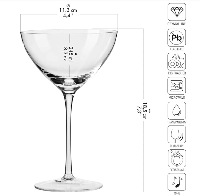 Krosno Martini Cocktail Glasses, Set of 6, 8.3 oz, Harmony Collection, Ideal for Cocktails, Frozen Desserts, Dishwasher Safe, Made in Europe