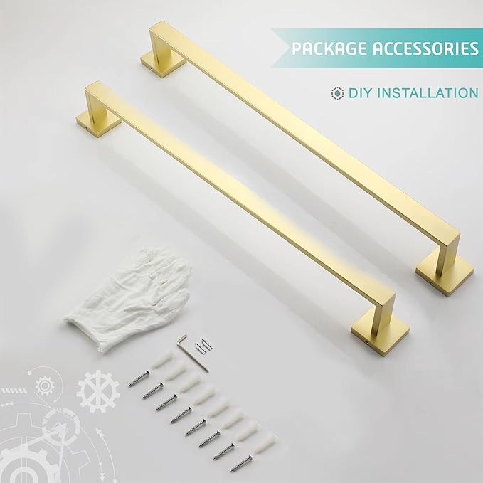 LANC 2-Pack Brushed Gold Bathroom Towel Bars 23.6-Inch Bath Towel Rail Square Towel Racks Kitchen Towel Holders Stainless Steel Wall Mount Towel Hanger Towel Rods,A8804-6BG