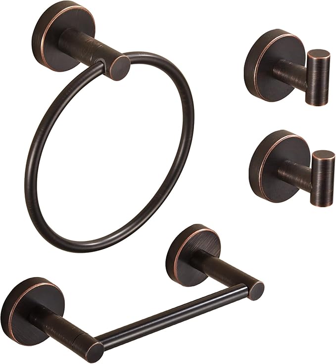 Bronze Bathroom Hardware Set, Oil Rubbed Bronze Toilet Paper Holder Towel Ring 2 Robe Hooks Wall Mount Hand Towel Holder Bath Accessories Stainless Steel, 4 Pieces