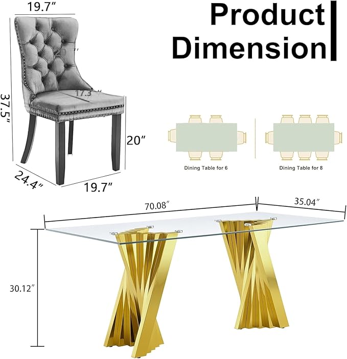 Goujxcy 70" Glass Dining Table Set for 4, Modern Gold Dining Table Set with 4 Black Velvet Upholstered Dining Chairs, 5 Piece Kitchen Dining Room Table Set with Stainless Steel Legs