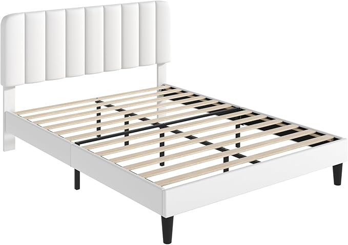 VECELO Queen Size Bed Frame with Upholstered Headboard, Velvet Platform Bedframe Mattress Foundation, Strong Wood Slat Support, No Box Spring Needed,White