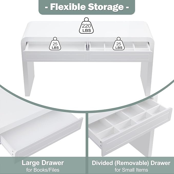 Merax 60" Entryway Console Table with Storage, 2 Drawers with Functional Divider/Retro Curved Design/Behind Couch & Sofa, White