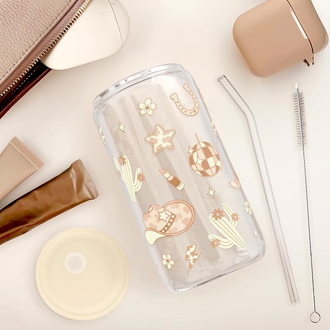 Western Cowgirl 16oz Can Glass Tumbler with Acrylic Lid & Straw, Iced Coffee Cup for Women, Aesthetic Cups Gifts for Birthday Christmas