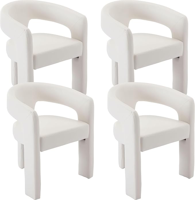 Set of 4 Modern PU Leather Upholstered Dining Chairs with Open-Back, Cute Barrel Side Chairs Kitchen Armchair Accent Chairs for Dining Room Bedroom, White