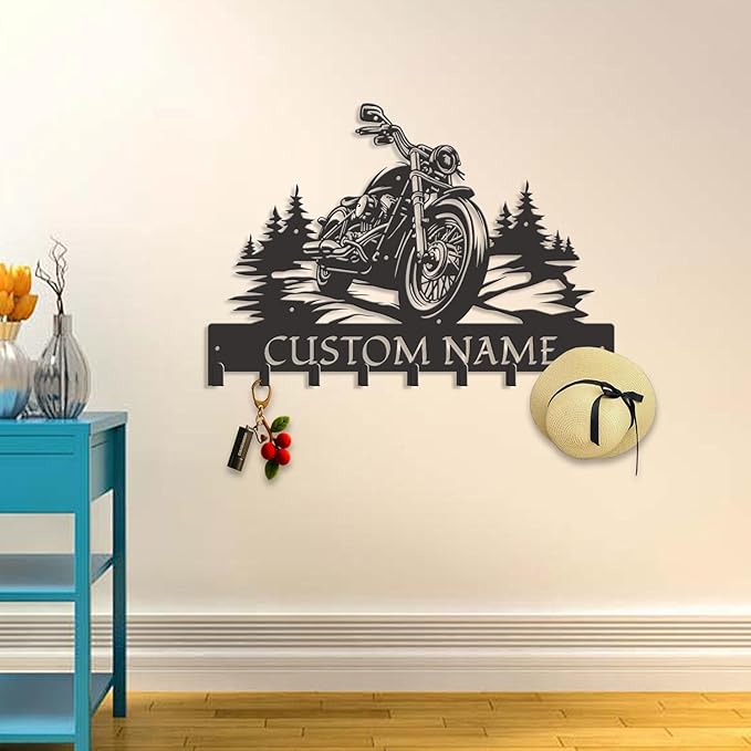 Personalized Motorcycle Metal Key Holder, Custom Last Name Metal Wall Sign, Hanging Storage Rack for Garage and Home Decor (Style-2)