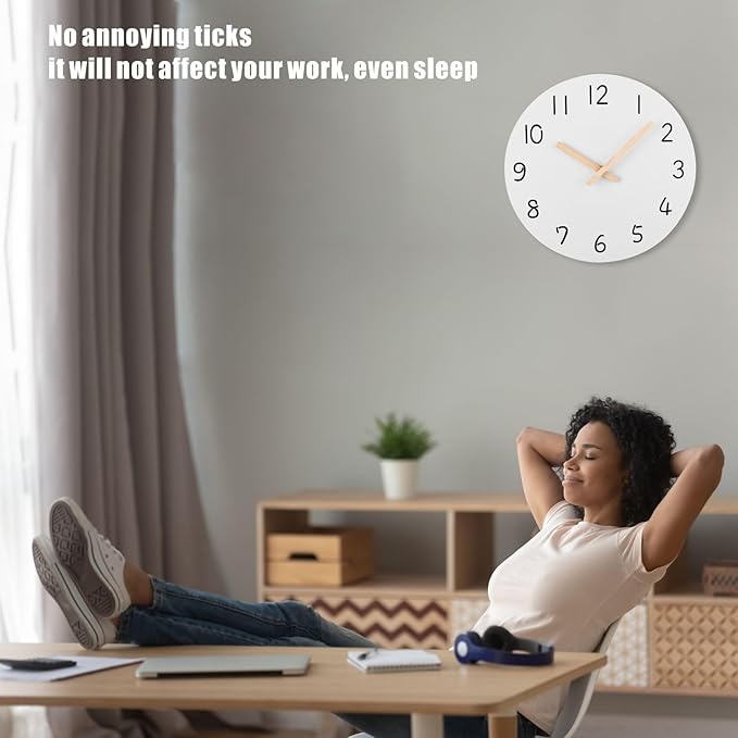 Plumeet 10'' Wooden Wall Clock Small Frameless Clocks with Silent Quartz Movement - Modern Style Village Wall Clocks Decorative Home Kitchen - Battery Operated (White)