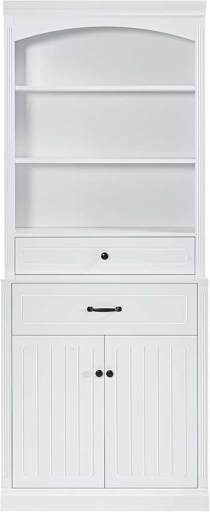 Tall Cabinet with 2 Drawers and Doors, Multi-Functional Storage Unit/Bookcase, Kitchen Cabinets, Pantry Cupboard for Living Room/Home Office/Bathroom, White