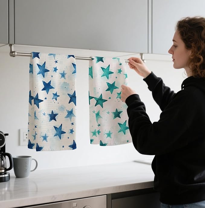2-Pack Watercolor Star Towel, Star Waffle Towels, Nursery & Bathroom Hand Towel, 16x24 Inch Blue & Azure Dish Tea Towel Decor for Kitchen & Nursery & Bathroom, Gift For Friends & Homeowners.